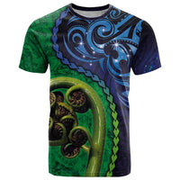 New Zealand Matariki Fern Frond Koru T Shirt with Galaxy Blue Sky and Green Paua Shell Art