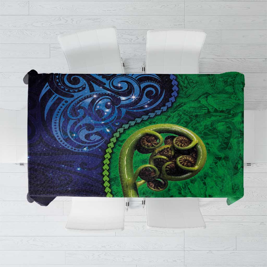 New Zealand Matariki Fern Frond Koru Tablecloth with Galaxy Blue Sky and Green Paua Shell Art