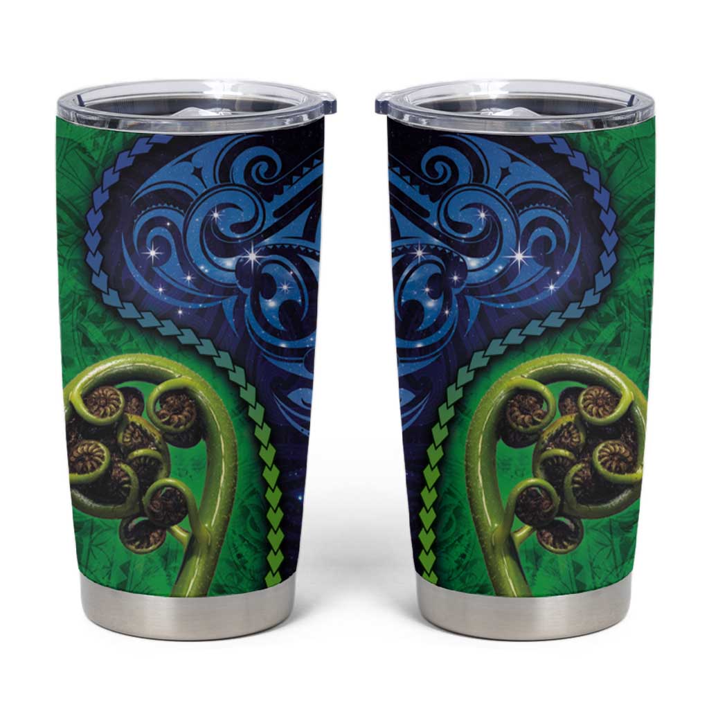 New Zealand Matariki Fern Frond Koru Tumbler Cup with Galaxy Blue Sky and Green Paua Shell Art