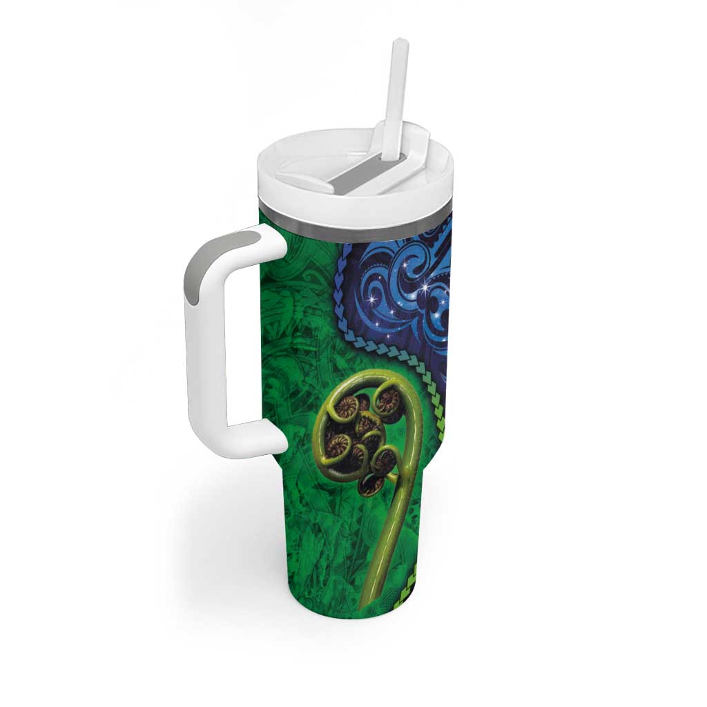 New Zealand Matariki Fern Frond Koru Tumbler With Handle with Galaxy Blue Sky and Green Paua Shell Art