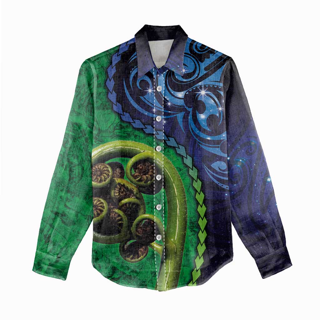 New Zealand Matariki Fern Frond Koru Women Casual Shirt with Galaxy Blue Sky and Green Paua Shell Art