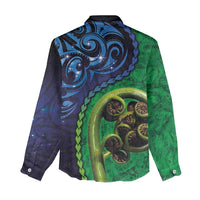 New Zealand Matariki Fern Frond Koru Women Casual Shirt with Galaxy Blue Sky and Green Paua Shell Art