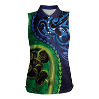 New Zealand Matariki Fern Frond Koru Women Sleeveless Polo Shirt with Galaxy Blue Sky and Green Paua Shell Art