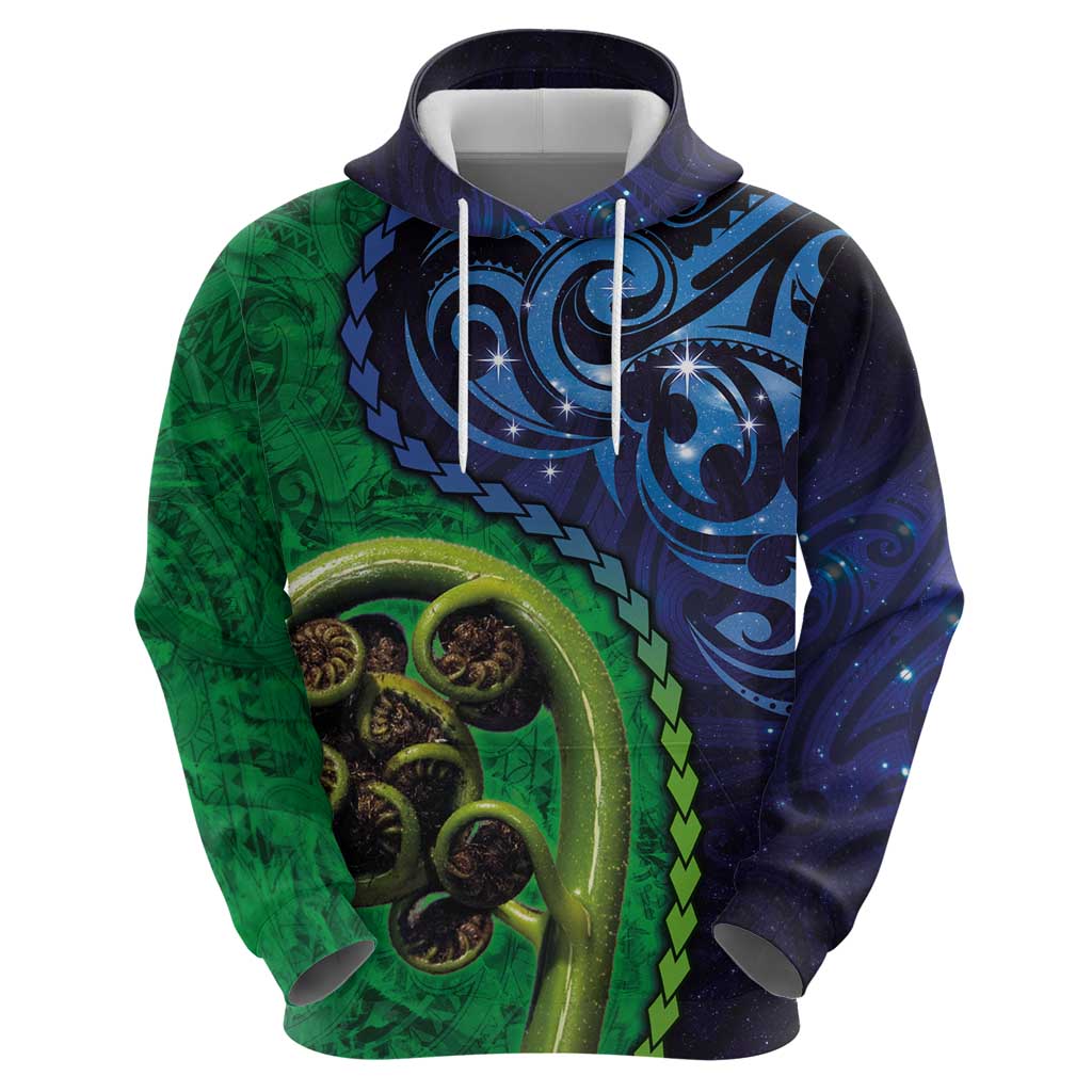 New Zealand Matariki Fern Frond Koru Zip Hoodie with Galaxy Blue Sky and Green Paua Shell Art