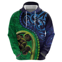 New Zealand Matariki Fern Frond Koru Zip Hoodie with Galaxy Blue Sky and Green Paua Shell Art