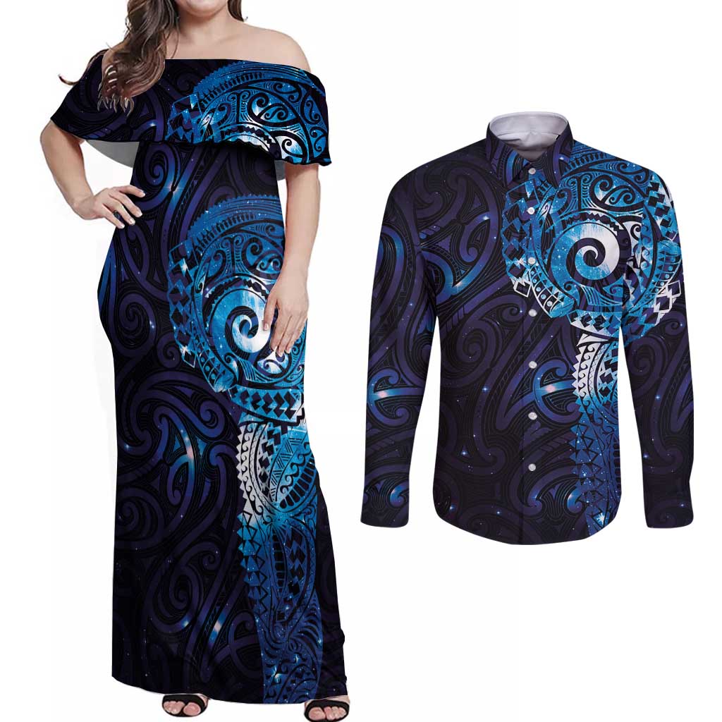 Matariki New Zealand Maori Koru Art Tattoo Couples Matching Off Shoulder Maxi Dress and Long Sleeve Button Shirt New Year Galaxy Blue Sky Style