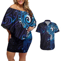 Matariki New Zealand Maori Koru Art Tattoo Couples Matching Off Shoulder Short Dress and Hawaiian Shirt New Year Galaxy Blue Sky Style
