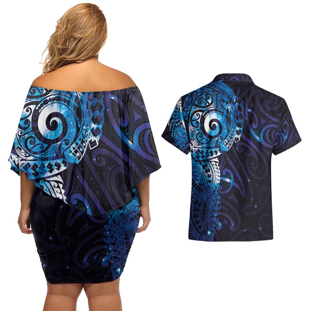 Matariki New Zealand Maori Koru Art Tattoo Couples Matching Off Shoulder Short Dress and Hawaiian Shirt New Year Galaxy Blue Sky Style