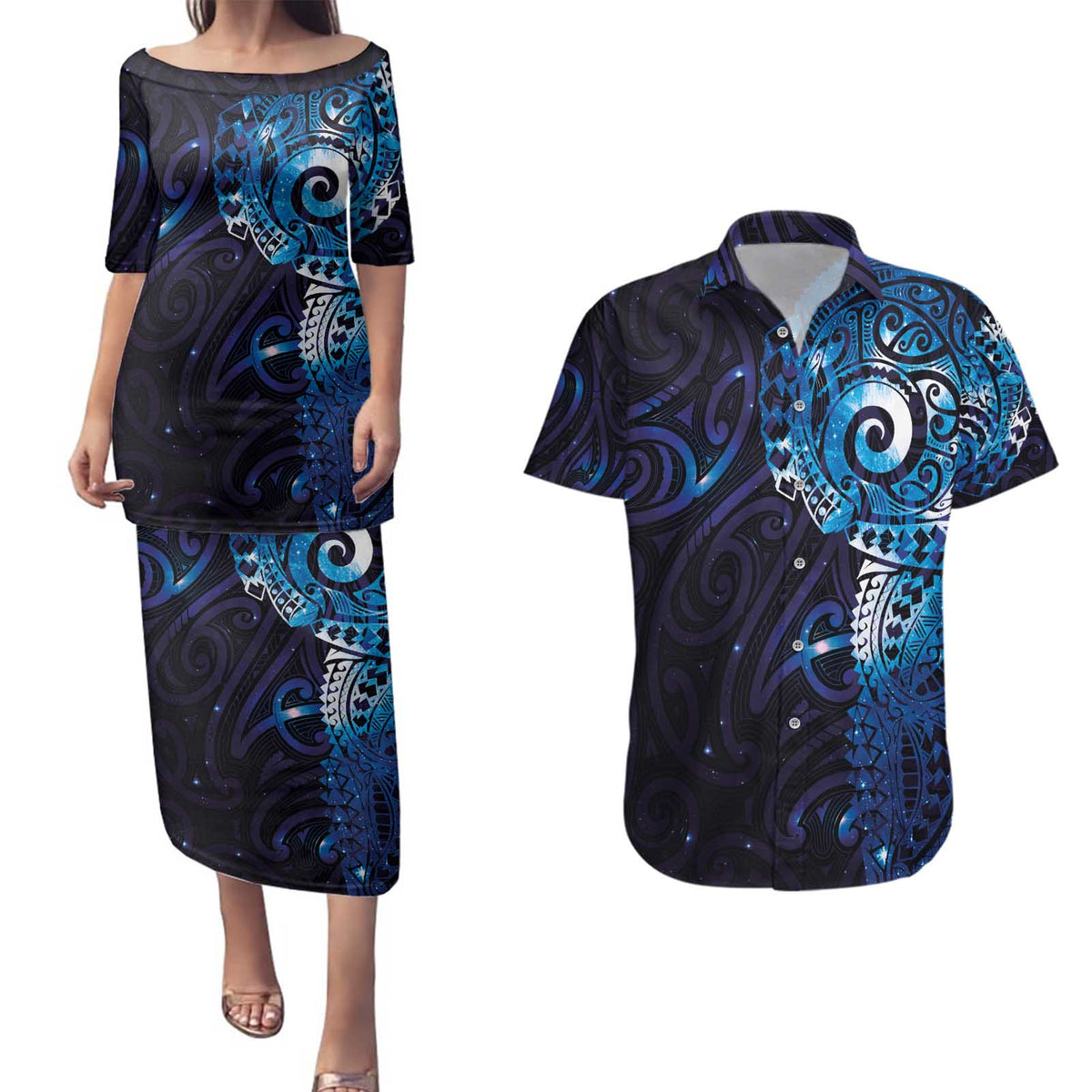 Matariki New Zealand Maori Koru Art Tattoo Couples Matching Puletasi and Hawaiian Shirt New Year Galaxy Blue Sky Style