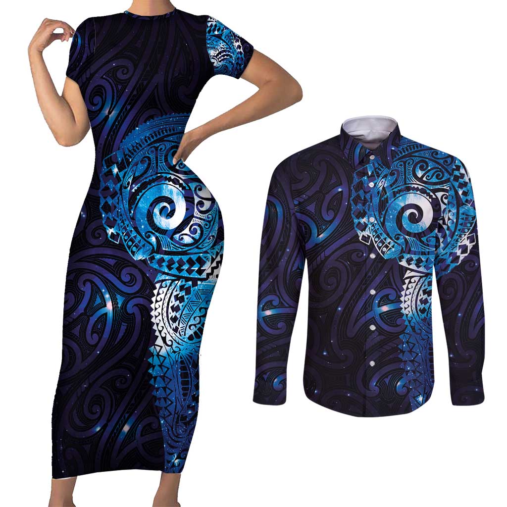Matariki New Zealand Maori Koru Art Tattoo Couples Matching Short Sleeve Bodycon Dress and Long Sleeve Button Shirt New Year Galaxy Blue Sky Style