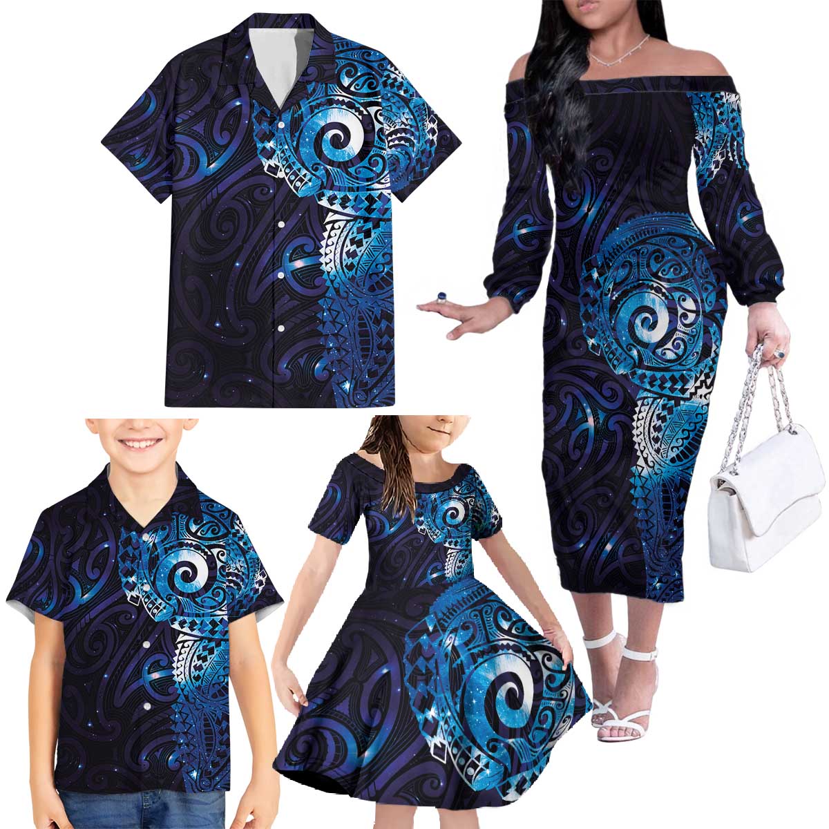 Matariki New Zealand Maori Koru Art Tattoo Family Matching Off The Shoulder Long Sleeve Dress and Hawaiian Shirt New Year Galaxy Blue Sky Style
