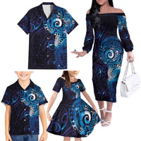 Matariki New Zealand Maori Koru Art Tattoo Family Matching Off The Shoulder Long Sleeve Dress and Hawaiian Shirt New Year Galaxy Blue Sky Style