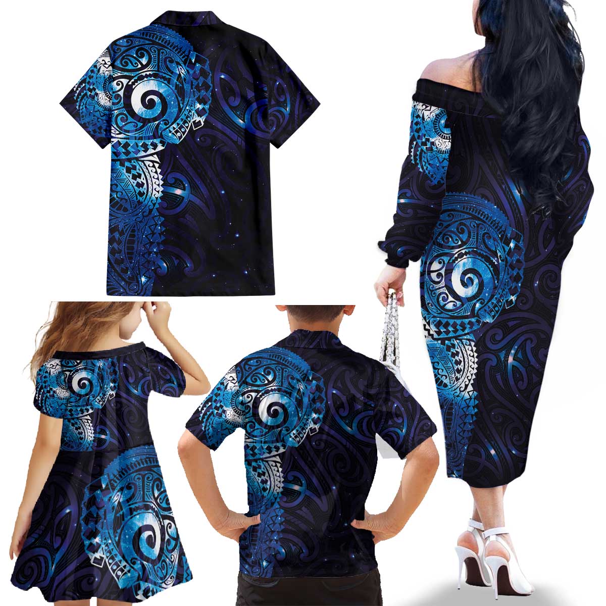 Matariki New Zealand Maori Koru Art Tattoo Family Matching Off The Shoulder Long Sleeve Dress and Hawaiian Shirt New Year Galaxy Blue Sky Style
