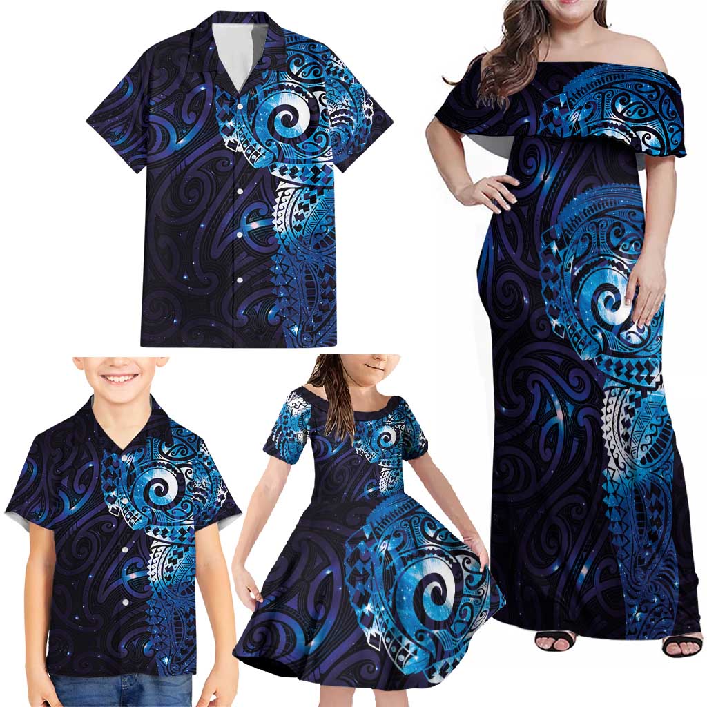 Matariki New Zealand Maori Koru Art Tattoo Family Matching Off Shoulder Maxi Dress and Hawaiian Shirt New Year Galaxy Blue Sky Style