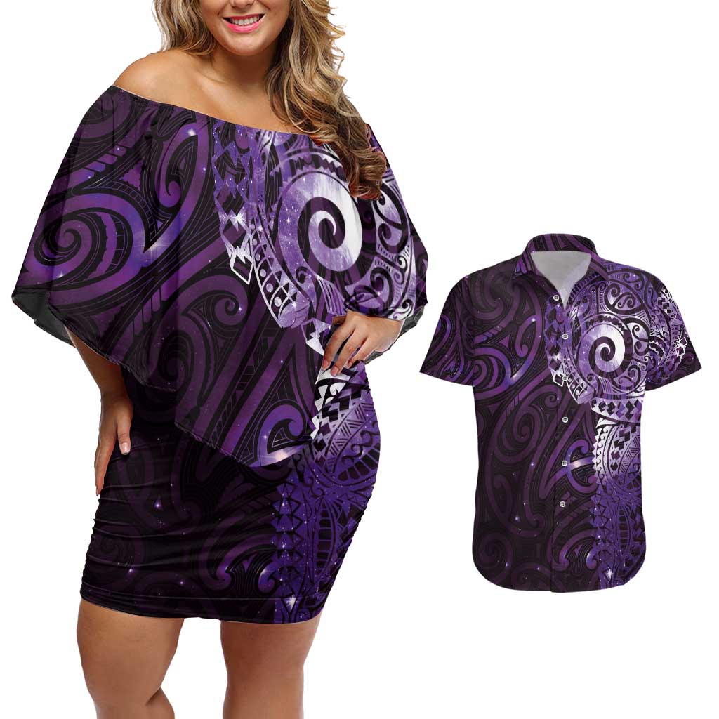 Matariki New Zealand Maori Koru Art Tattoo Couples Matching Off Shoulder Short Dress and Hawaiian Shirt New Year Galaxy Purple Sky Style