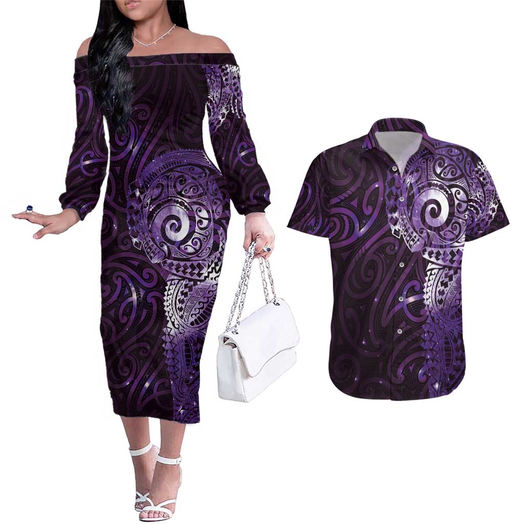 Matariki New Zealand Maori Koru Art Tattoo Couples Matching Off The Shoulder Long Sleeve Dress and Hawaiian Shirt New Year Galaxy Purple Sky Style