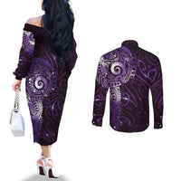 Matariki New Zealand Maori Koru Art Tattoo Couples Matching Off The Shoulder Long Sleeve Dress and Long Sleeve Button Shirt New Year Galaxy Purple Sky Style