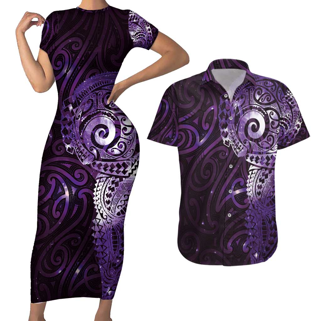 Matariki New Zealand Maori Koru Art Tattoo Couples Matching Short Sleeve Bodycon Dress and Hawaiian Shirt New Year Galaxy Purple Sky Style