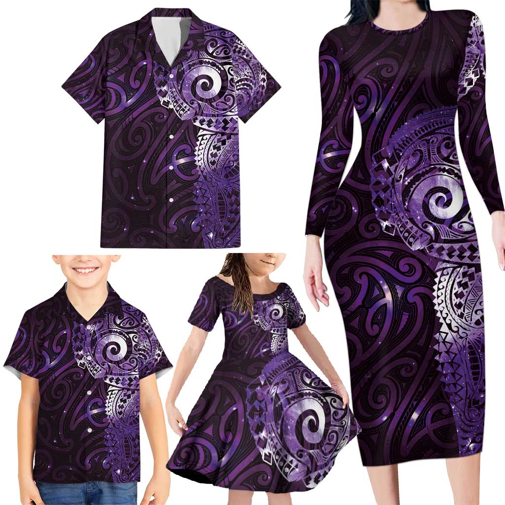 Matariki New Zealand Maori Koru Art Tattoo Family Matching Long Sleeve Bodycon Dress and Hawaiian Shirt New Year Galaxy Purple Sky Style