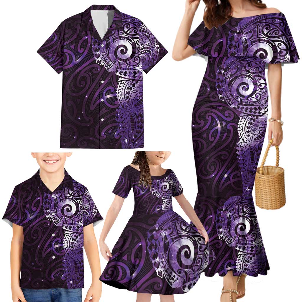 Matariki New Zealand Maori Koru Art Tattoo Family Matching Mermaid Dress and Hawaiian Shirt New Year Galaxy Purple Sky Style