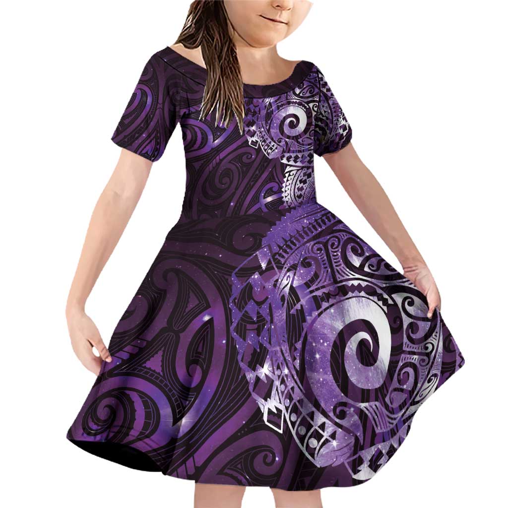 Matariki New Zealand Maori Koru Art Tattoo Family Matching Off Shoulder Short Dress and Hawaiian Shirt New Year Galaxy Purple Sky Style
