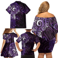 Matariki New Zealand Maori Koru Art Tattoo Family Matching Off Shoulder Short Dress and Hawaiian Shirt New Year Galaxy Purple Sky Style
