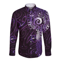 Matariki New Zealand Maori Koru Art Tattoo Long Sleeve Button Shirt New Year Galaxy Purple Sky Style