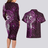 Matariki New Zealand Maori Koru Art Tattoo Couples Matching Long Sleeve Bodycon Dress and Hawaiian Shirt New Year Galaxy Pink Sky Style