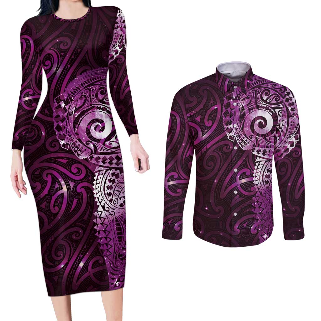 Matariki New Zealand Maori Koru Art Tattoo Couples Matching Long Sleeve Bodycon Dress and Long Sleeve Button Shirt New Year Galaxy Pink Sky Style