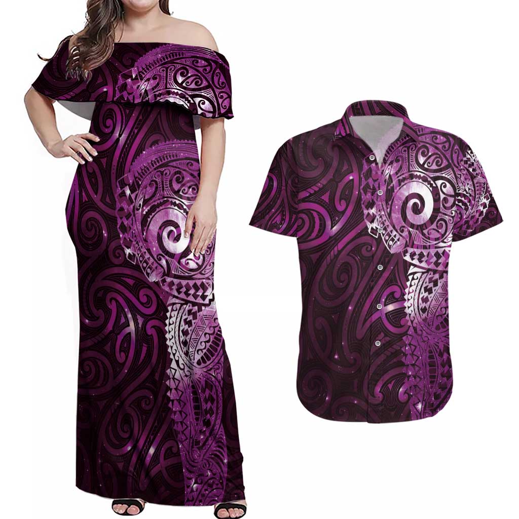 Matariki New Zealand Maori Koru Art Tattoo Couples Matching Off Shoulder Maxi Dress and Hawaiian Shirt New Year Galaxy Pink Sky Style