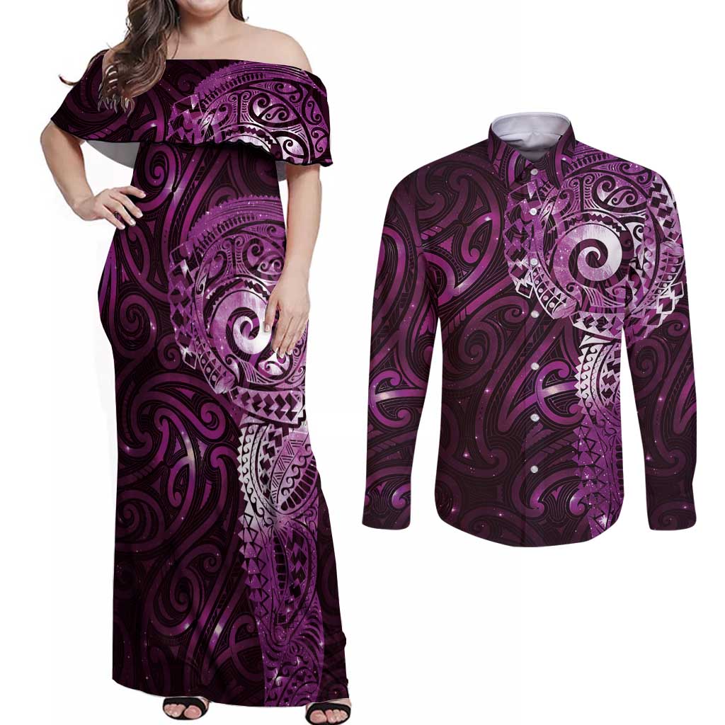 Matariki New Zealand Maori Koru Art Tattoo Couples Matching Off Shoulder Maxi Dress and Long Sleeve Button Shirt New Year Galaxy Pink Sky Style