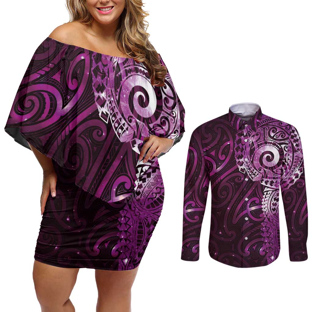 Matariki New Zealand Maori Koru Art Tattoo Couples Matching Off Shoulder Short Dress and Long Sleeve Button Shirt New Year Galaxy Pink Sky Style