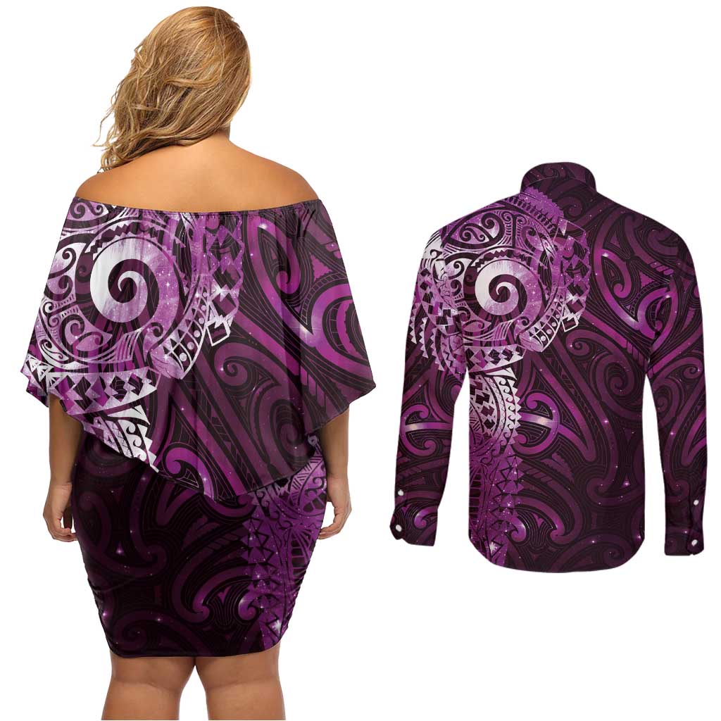 Matariki New Zealand Maori Koru Art Tattoo Couples Matching Off Shoulder Short Dress and Long Sleeve Button Shirt New Year Galaxy Pink Sky Style