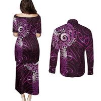 Matariki New Zealand Maori Koru Art Tattoo Couples Matching Puletasi and Long Sleeve Button Shirt New Year Galaxy Pink Sky Style