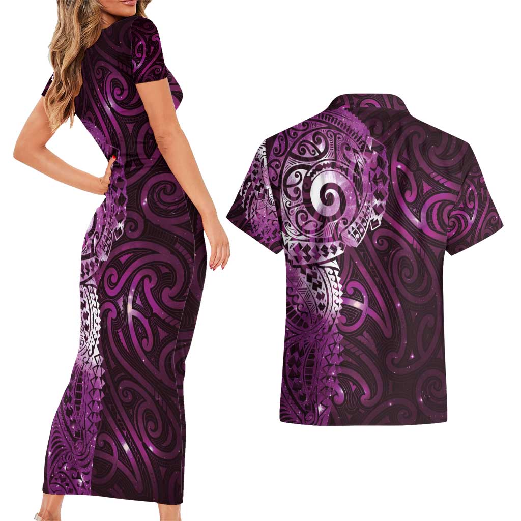 Matariki New Zealand Maori Koru Art Tattoo Couples Matching Short Sleeve Bodycon Dress and Hawaiian Shirt New Year Galaxy Pink Sky Style