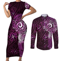 Matariki New Zealand Maori Koru Art Tattoo Couples Matching Short Sleeve Bodycon Dress and Long Sleeve Button Shirt New Year Galaxy Pink Sky Style