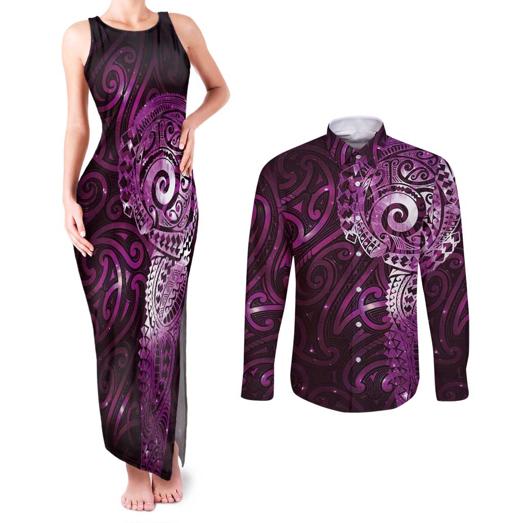 Matariki New Zealand Maori Koru Art Tattoo Couples Matching Tank Maxi Dress and Long Sleeve Button Shirt New Year Galaxy Pink Sky Style
