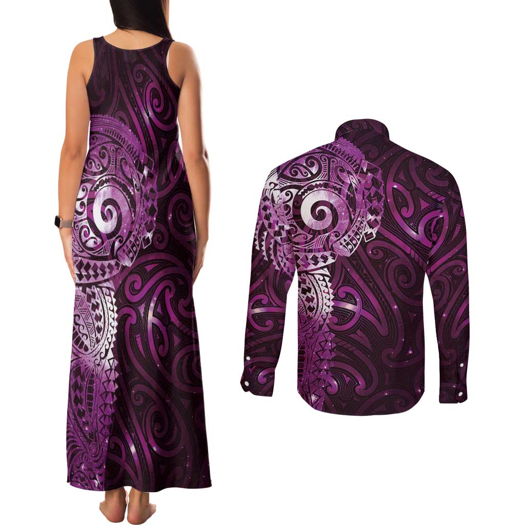 Matariki New Zealand Maori Koru Art Tattoo Couples Matching Tank Maxi Dress and Long Sleeve Button Shirt New Year Galaxy Pink Sky Style