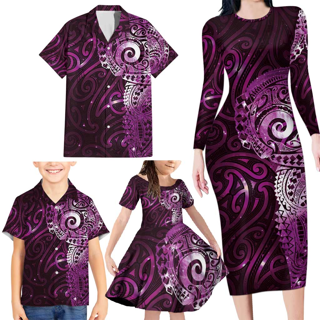 Matariki New Zealand Maori Koru Art Tattoo Family Matching Long Sleeve Bodycon Dress and Hawaiian Shirt New Year Galaxy Pink Sky Style