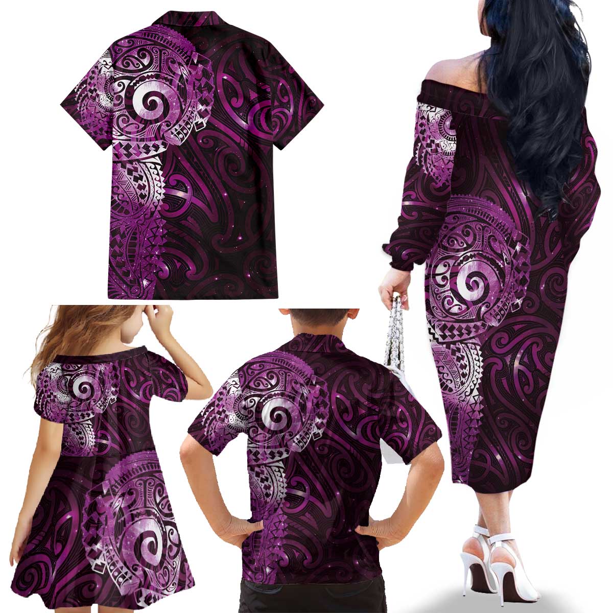 Matariki New Zealand Maori Koru Art Tattoo Family Matching Off The Shoulder Long Sleeve Dress and Hawaiian Shirt New Year Galaxy Pink Sky Style