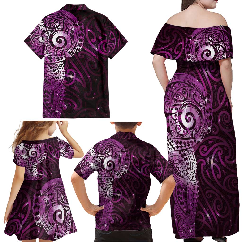 Matariki New Zealand Maori Koru Art Tattoo Family Matching Off Shoulder Maxi Dress and Hawaiian Shirt New Year Galaxy Pink Sky Style