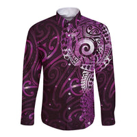 Matariki New Zealand Maori Koru Art Tattoo Long Sleeve Button Shirt New Year Galaxy Pink Sky Style