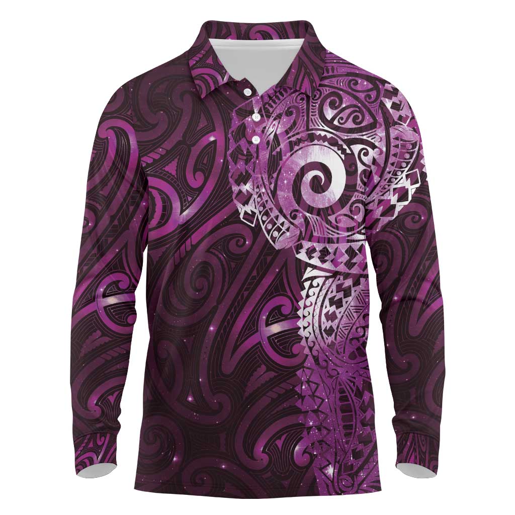 Matariki New Zealand Maori Koru Art Tattoo Long Sleeve Polo Shirt New Year Galaxy Pink Sky Style