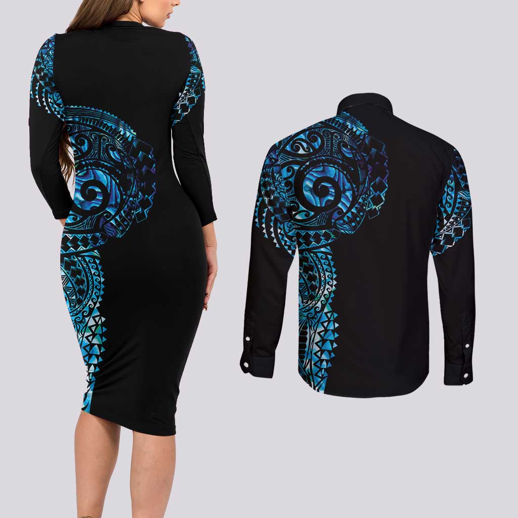 New Zealand Maori Koru Art Traditional Tattoo Couples Matching Long Sleeve Bodycon Dress and Long Sleeve Button Shirt Paua Shell