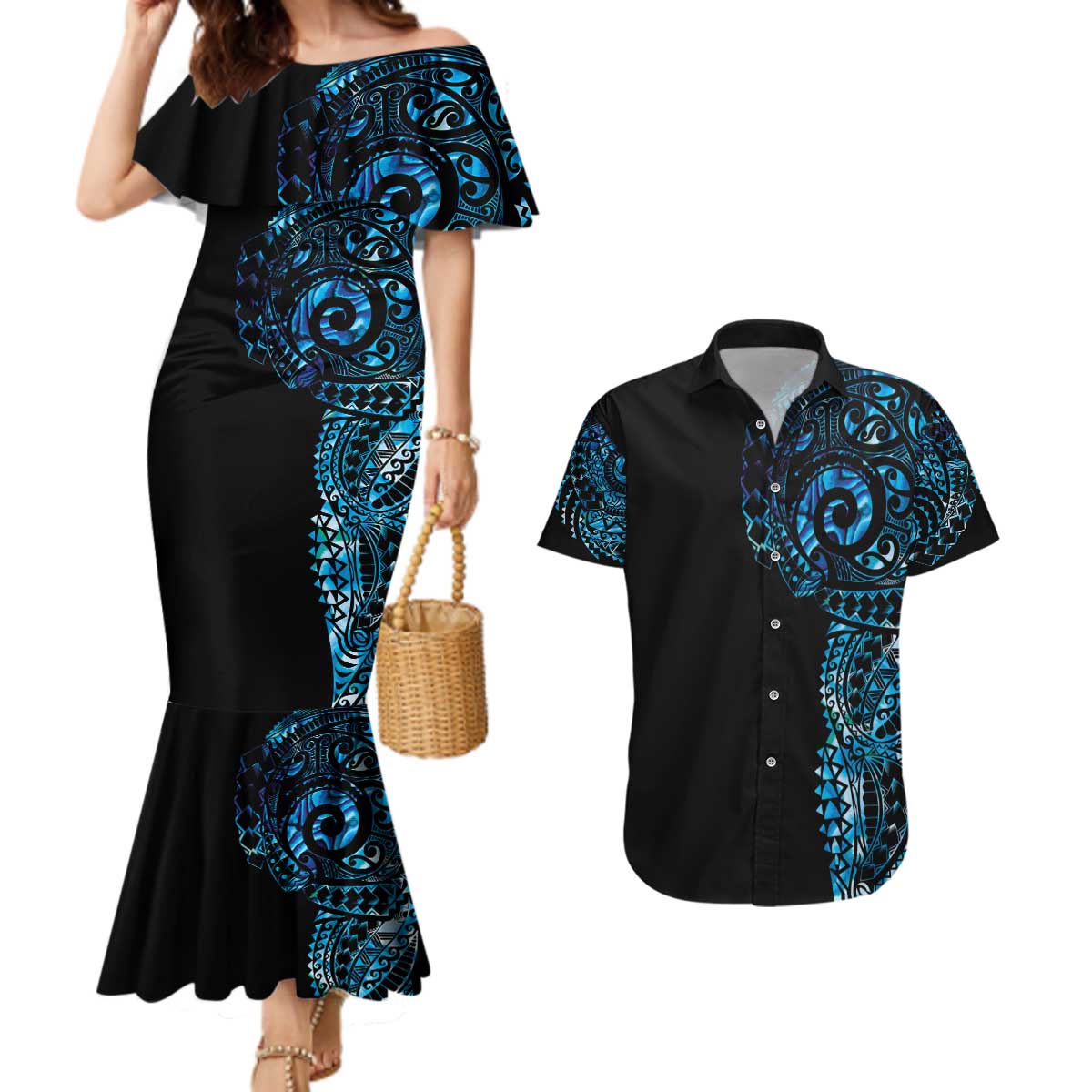 New Zealand Maori Koru Art Traditional Tattoo Couples Matching Mermaid Dress and Hawaiian Shirt Paua Shell