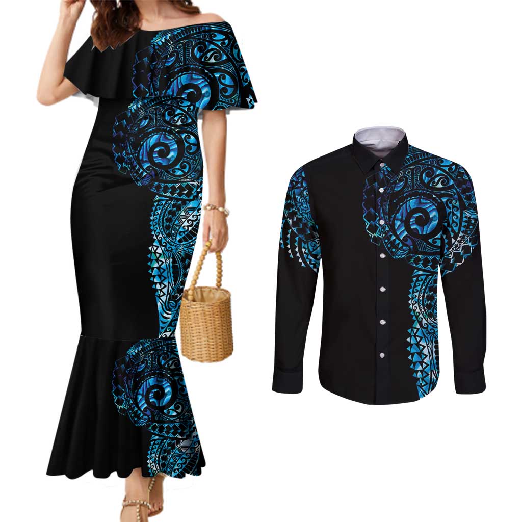 New Zealand Maori Koru Art Traditional Tattoo Couples Matching Mermaid Dress and Long Sleeve Button Shirt Paua Shell