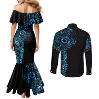 New Zealand Maori Koru Art Traditional Tattoo Couples Matching Mermaid Dress and Long Sleeve Button Shirt Paua Shell
