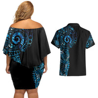 New Zealand Maori Koru Art Traditional Tattoo Couples Matching Off Shoulder Short Dress and Hawaiian Shirt Paua Shell
