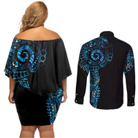 New Zealand Maori Koru Art Traditional Tattoo Couples Matching Off Shoulder Short Dress and Long Sleeve Button Shirt Paua Shell