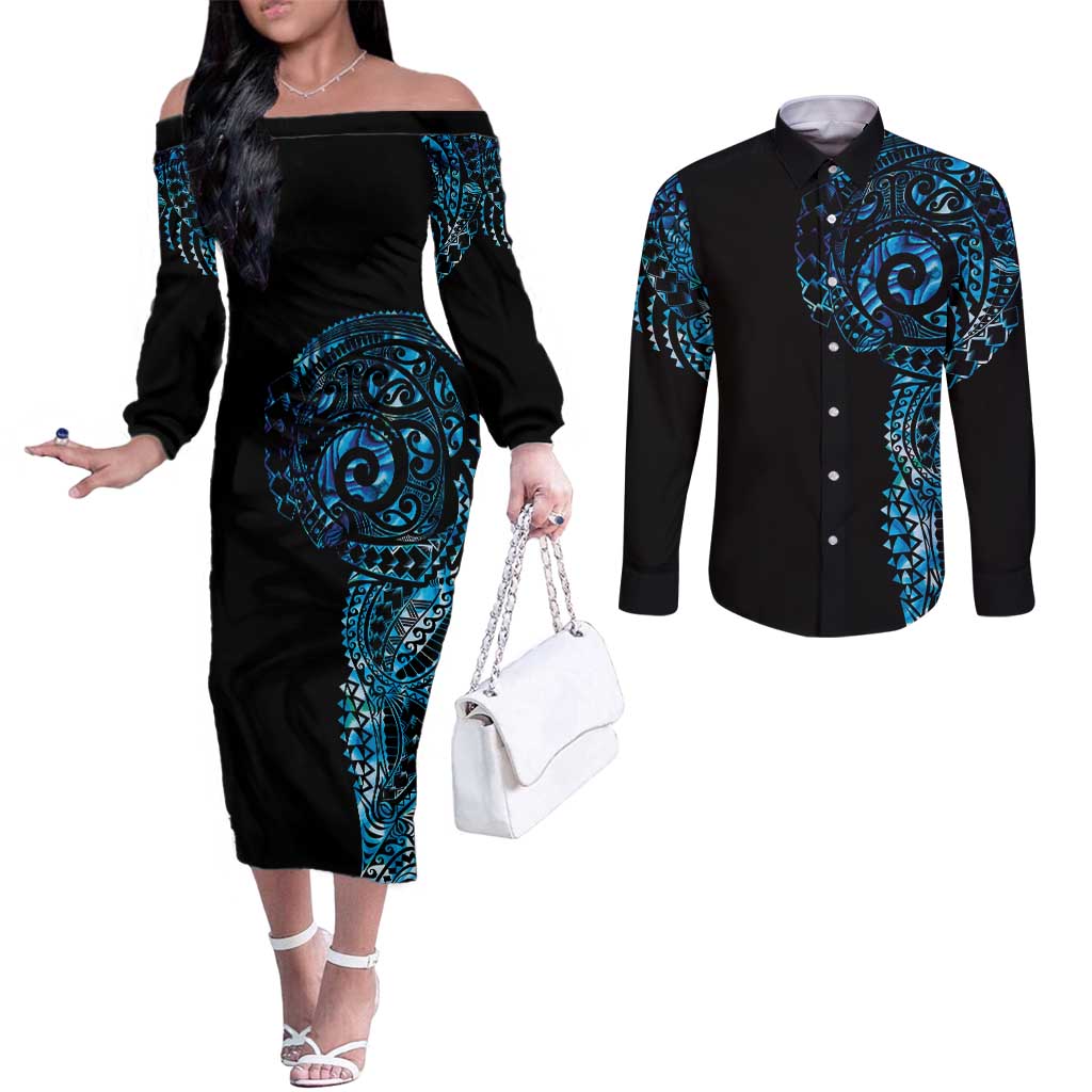 New Zealand Maori Koru Art Traditional Tattoo Couples Matching Off The Shoulder Long Sleeve Dress and Long Sleeve Button Shirt Paua Shell